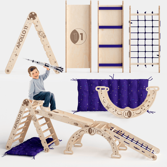 Apollo 5-in-1 Kletterset: Pikler-Dreieck, Kletterbogen, Rutschbrett, Kissen und Netz für kleine Astronauten-0