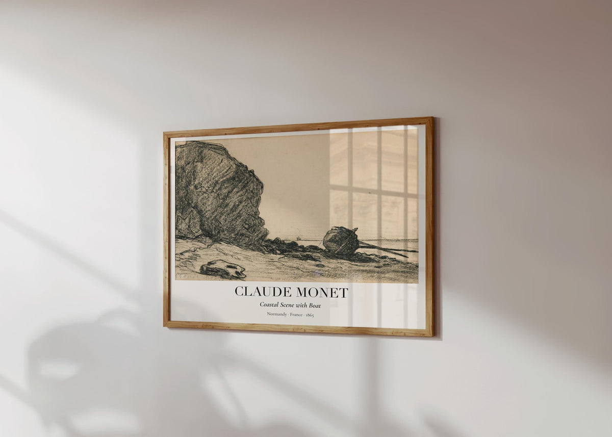 Claude Monet Zeichnung · Strand mit Boot ca. 1865 · Küstenstudie in Kohle · Vintage Kunstposter · Normandie Skizze · Druck ohne Rahmen-1